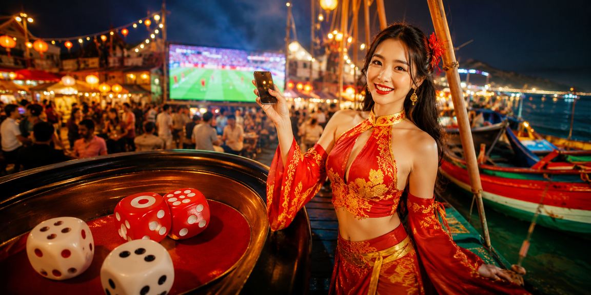 Không khí chợ đêm Mũi Né sôi động bên cạnh màn hình điện thoại đang mở giao diện taixiu